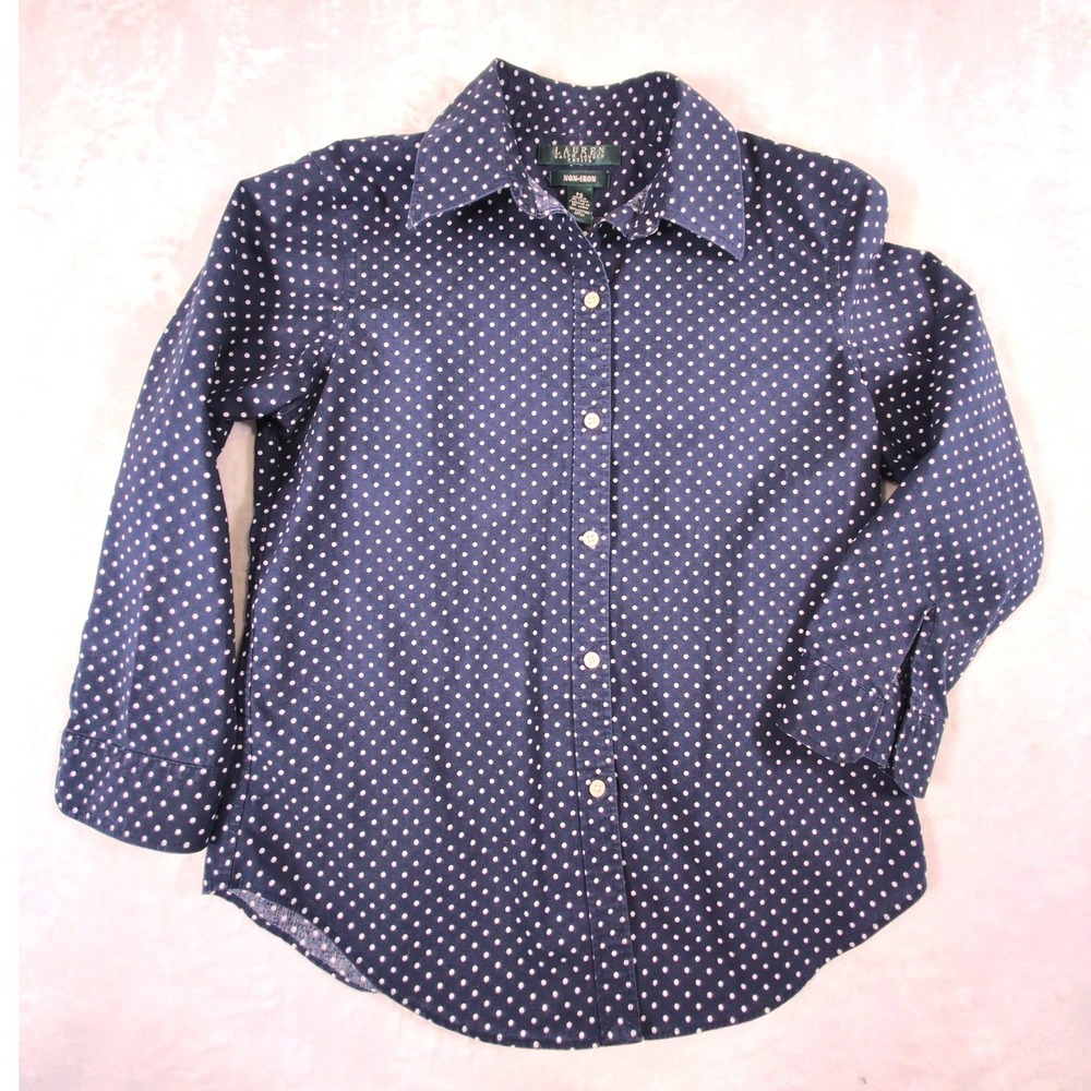 Lauren Ralph Lauren P Small Navy Blue White Polka Dot Non-Iron Cotton Shirt